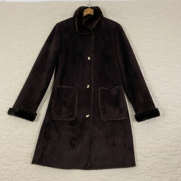 Dana Buchman Fur Lined Pea Coat Size Medium Chocolate Brown Faux Suede - Picture 1 of 12